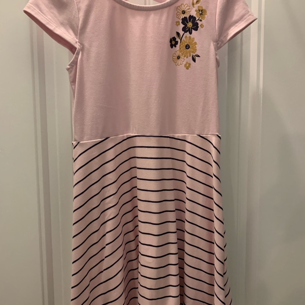 Pink Striped Kids Dress with Floral Design